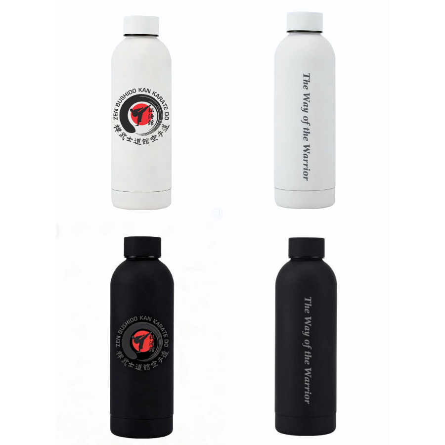 2 views of water bottles: white and black, each featuring a martial arts logo and the text 