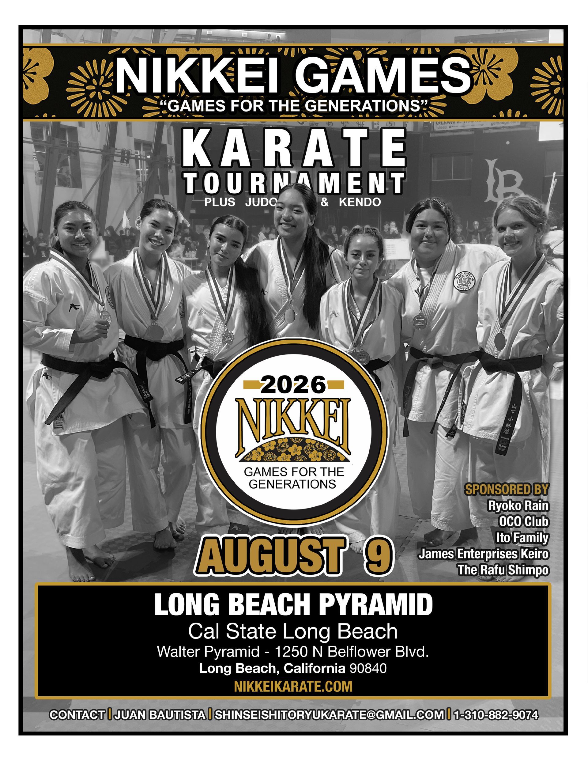 Nikkei Games karate tournament poster with group photo, August 9, Long Beach Pyramid, black and gold design