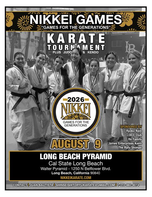Nikkei Games karate tournament poster with group photo, August 9, Long Beach Pyramid, black and gold design