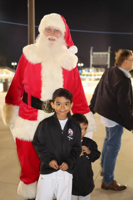 Two young boys pose for a picture with santa claus