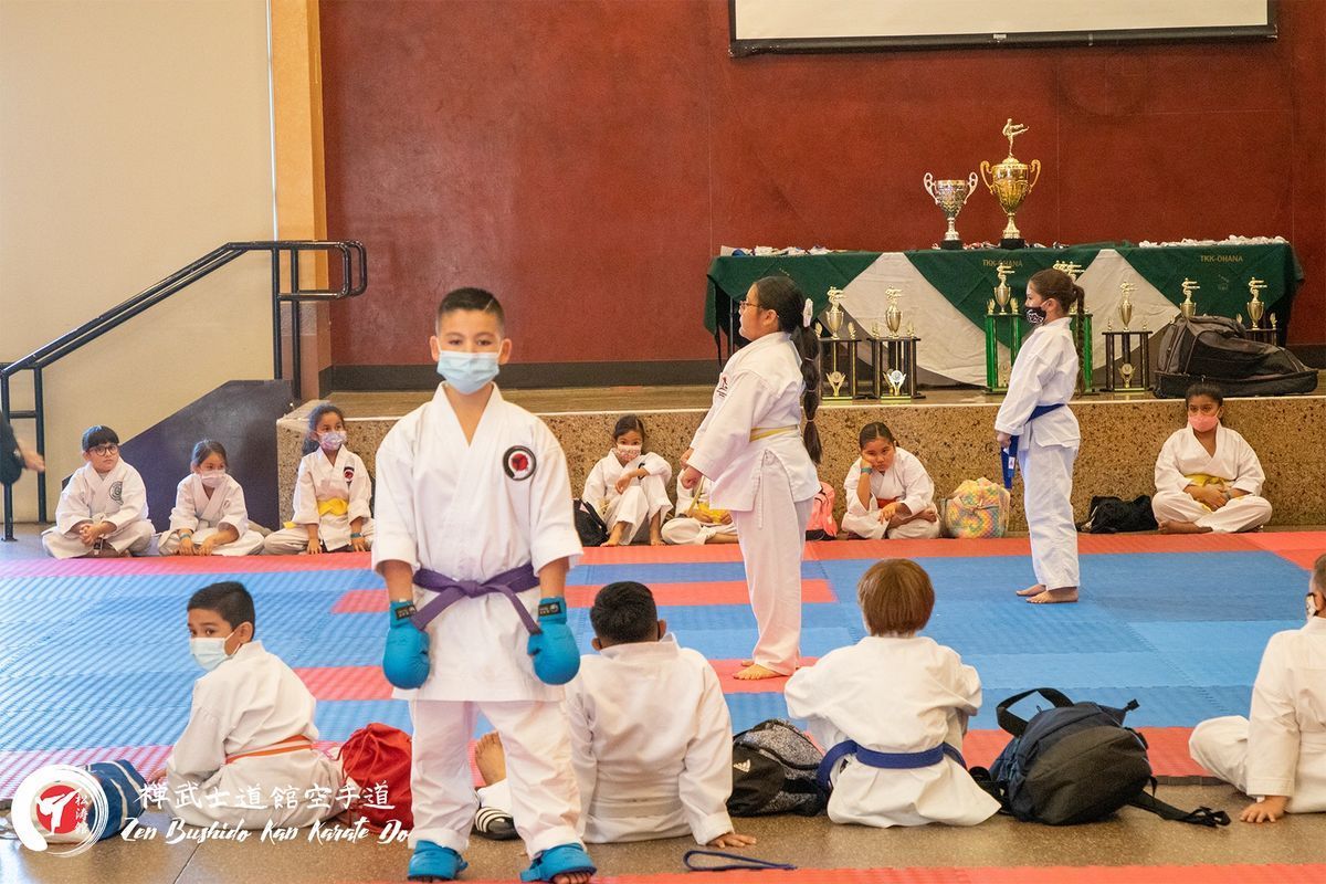 A group of children are practicing martial arts in a gym.