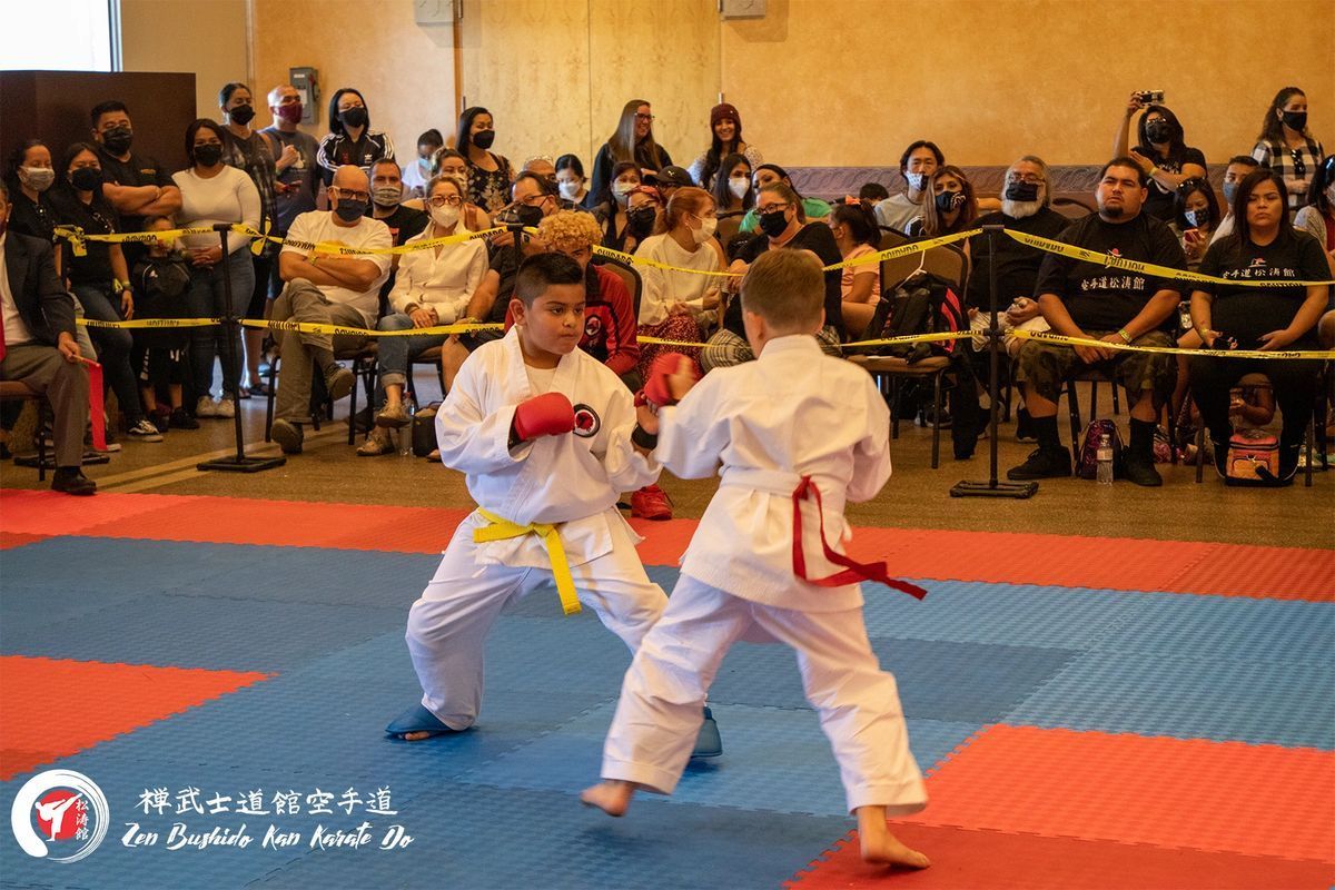 Two young boys are practicing karate in front of a crowd.