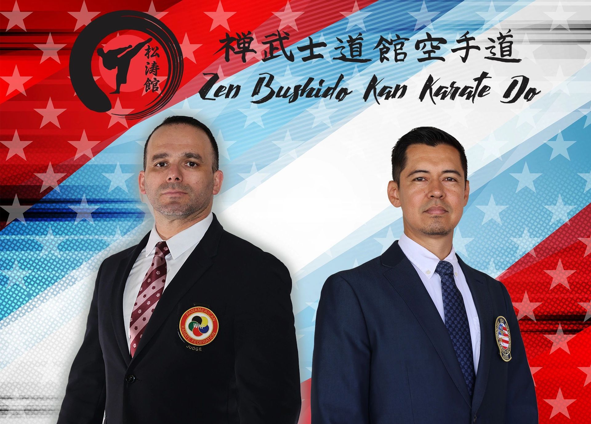 Two men in suits and ties are standing in front of an american flag.