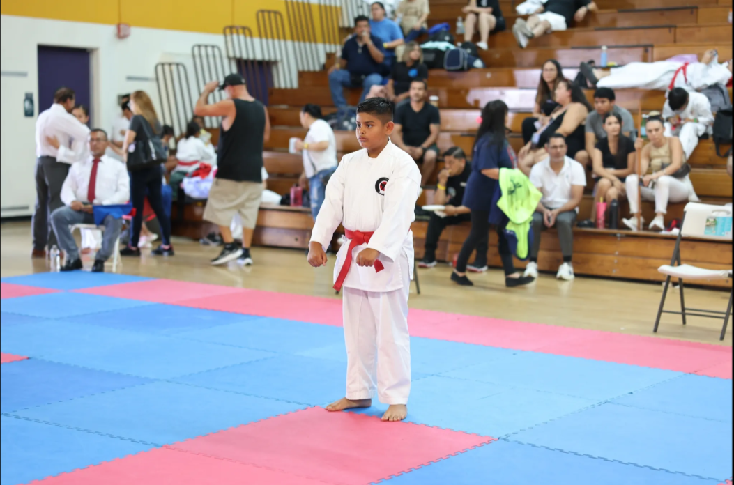 A young boy with a red belt is standing on a karate mat