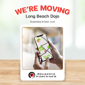 Long Beach Dojo moving announcement with hand holding map phone and red headline on white flyer