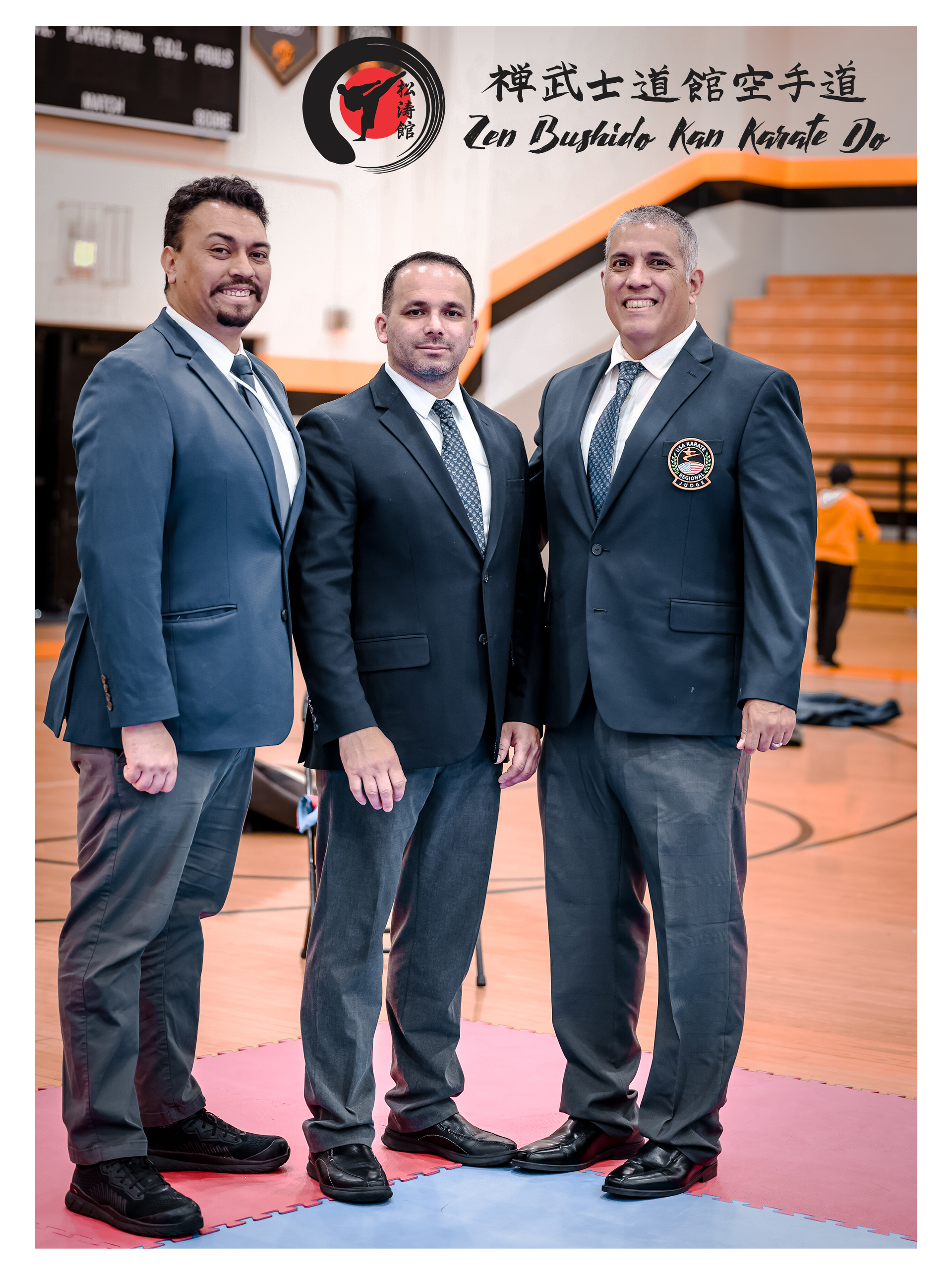 Three men in suits and ties are posing for a picture in a gym.
