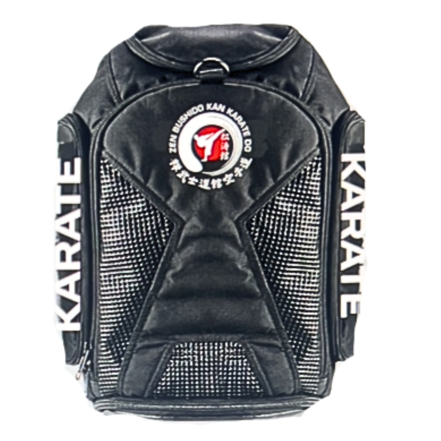 A black backpack that says karate on it