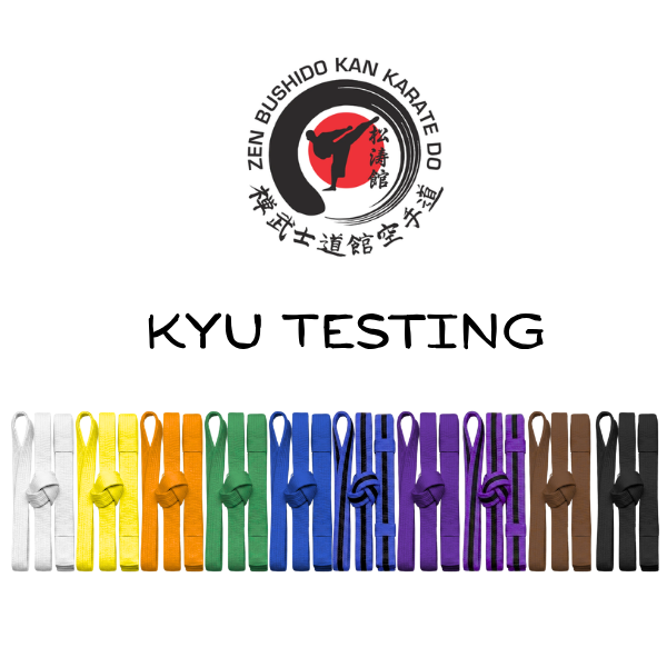 Bushido Kan Karate Do logo above "KYU TESTING" with rainbow-colored belts lined up below