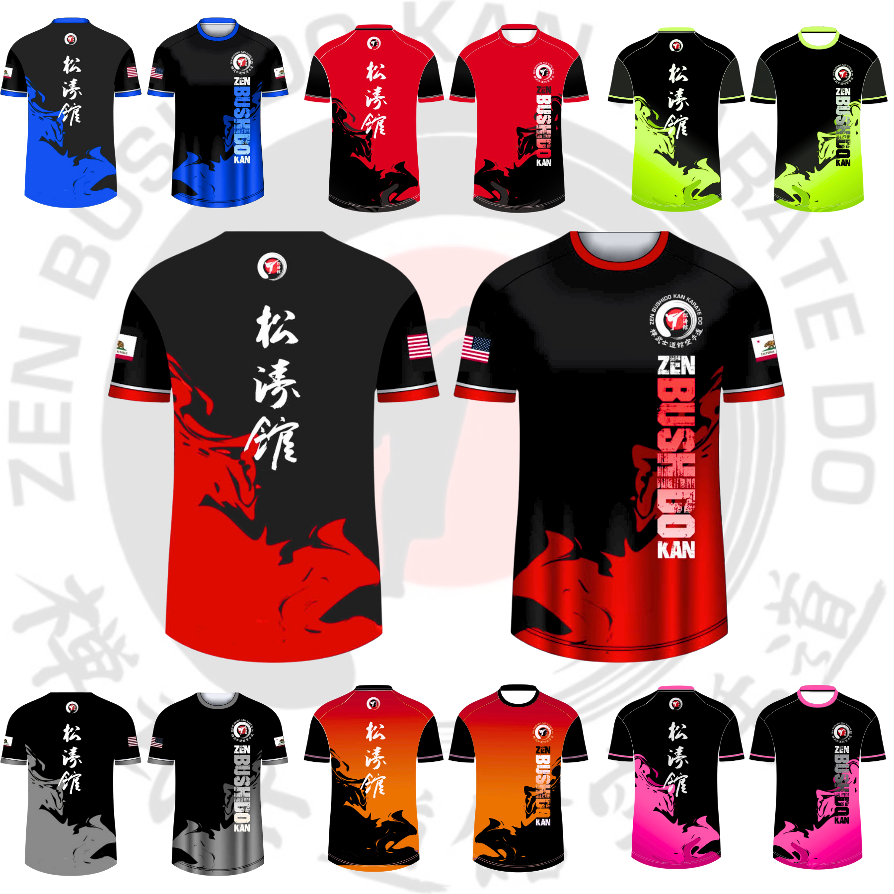 A bunch of different colored shirts with the words Zen Bushido Kan on them
