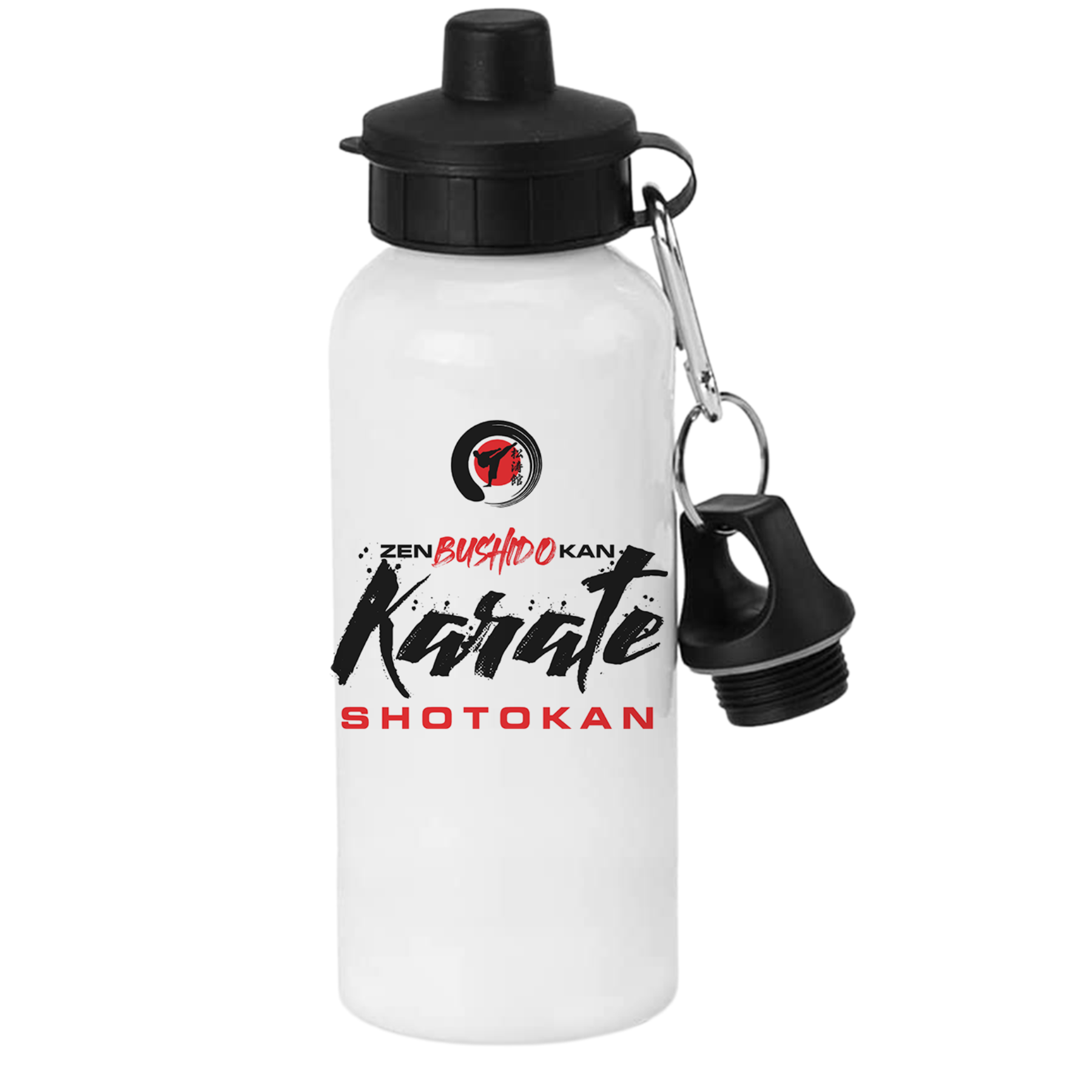 A white water bottle with karate shotokan written on it