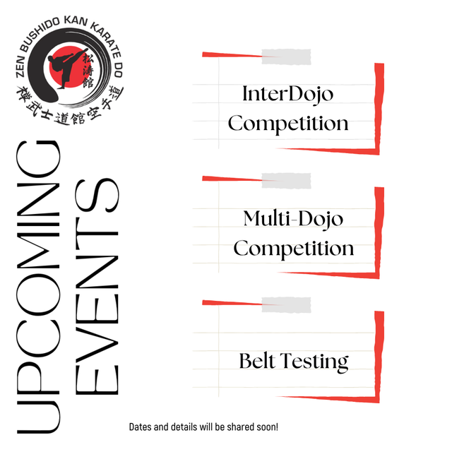 Upcoming events poster with Inter Dojo Competition, Multi Dojo Competition, and Belt Testing in red and black.