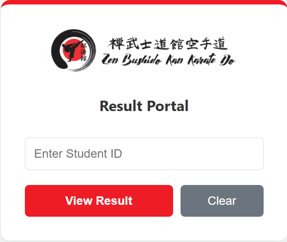 Zen Bushido Kan Karate Do result portal with a Student ID input field, a red "View Result" button, and a "Clear" button.