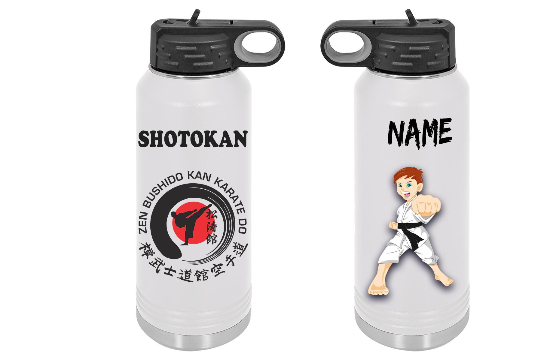 A water bottle with a picture of a karate kid on it.