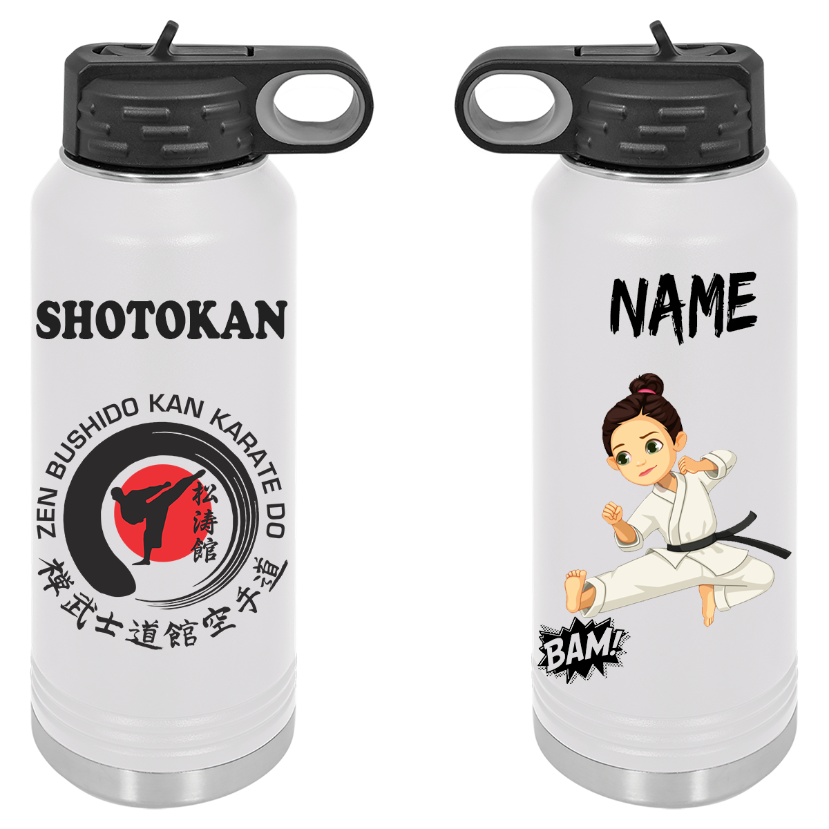 A water bottle with a picture of a karate girl on it.