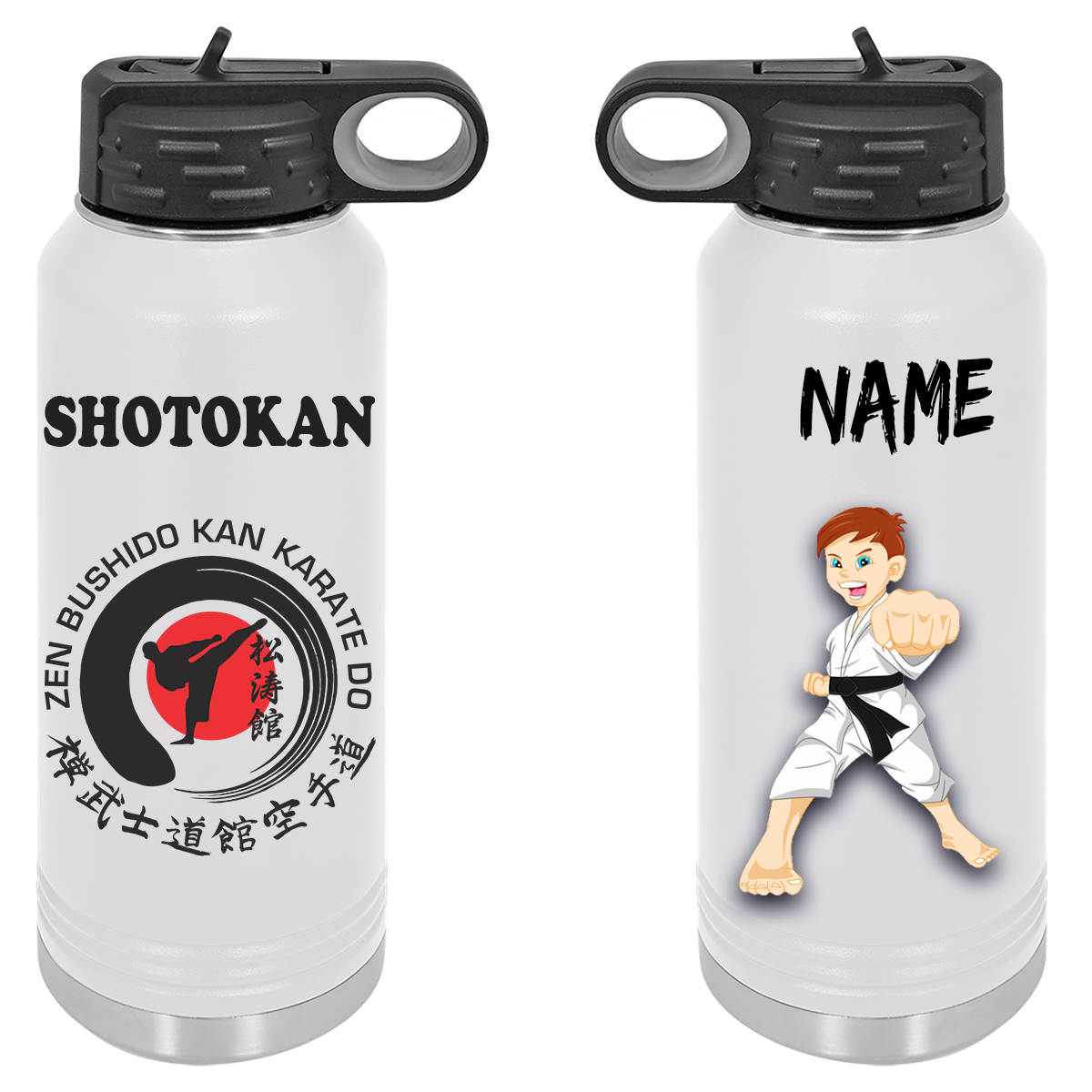 A water bottle with a picture of a karate kid on it.