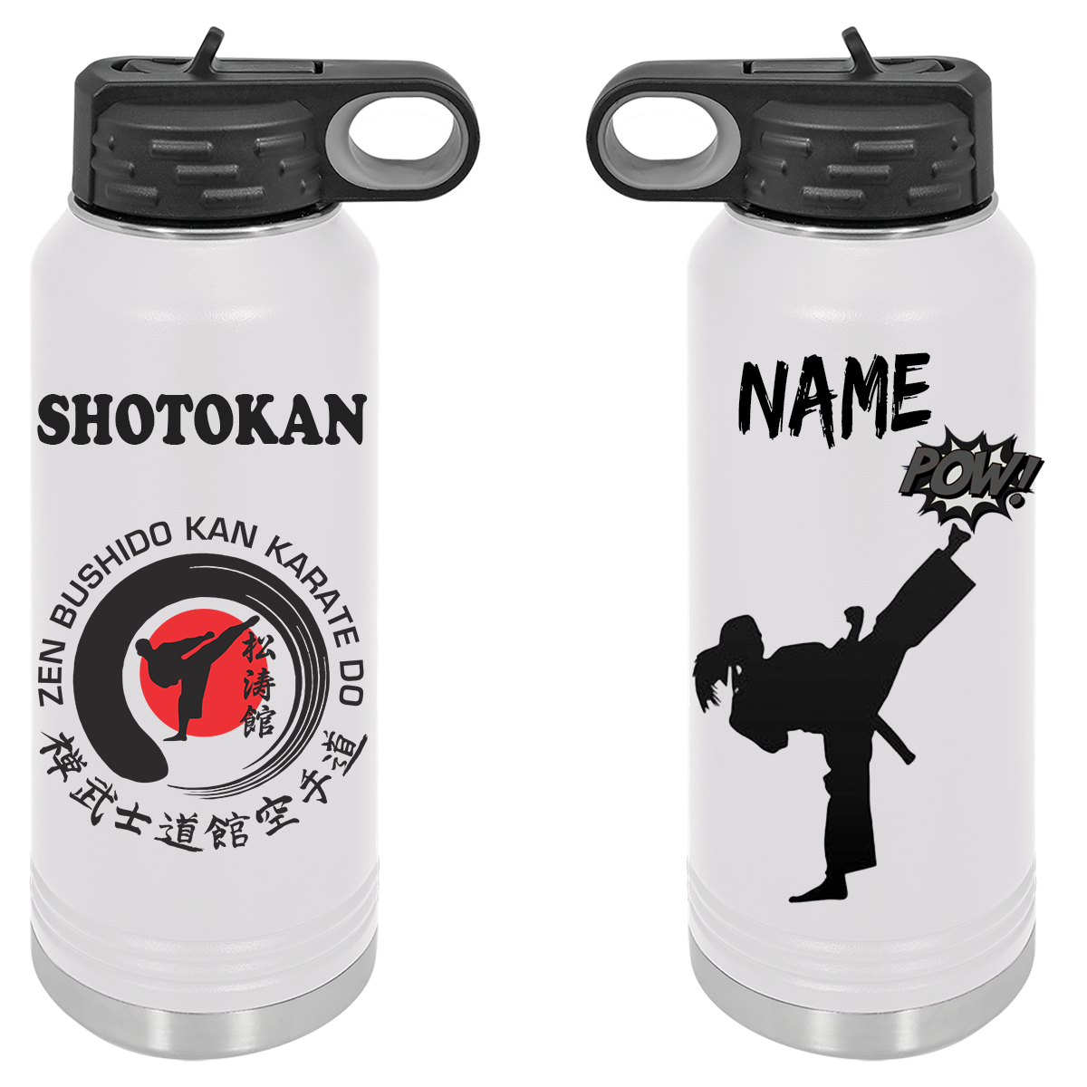 A shotokan water bottle with a karate kick on it