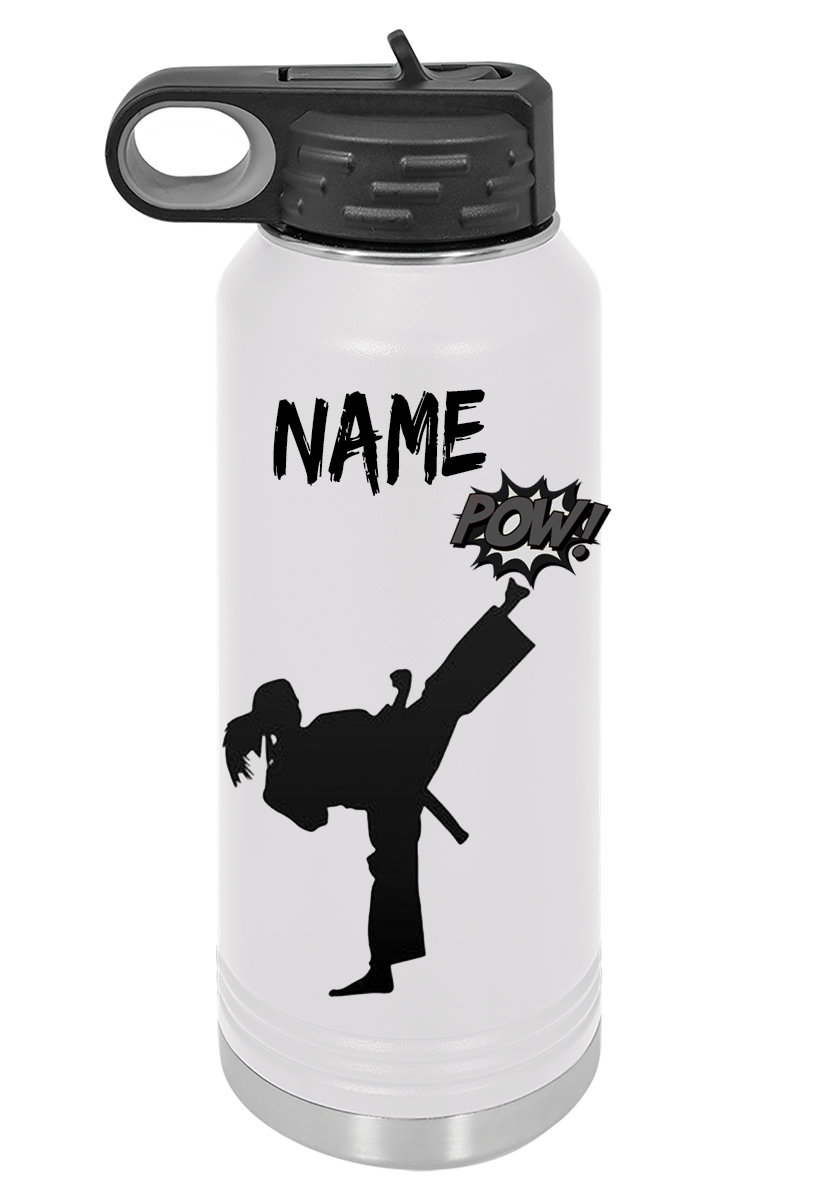 A water bottle with a picture of a karate kid on it.