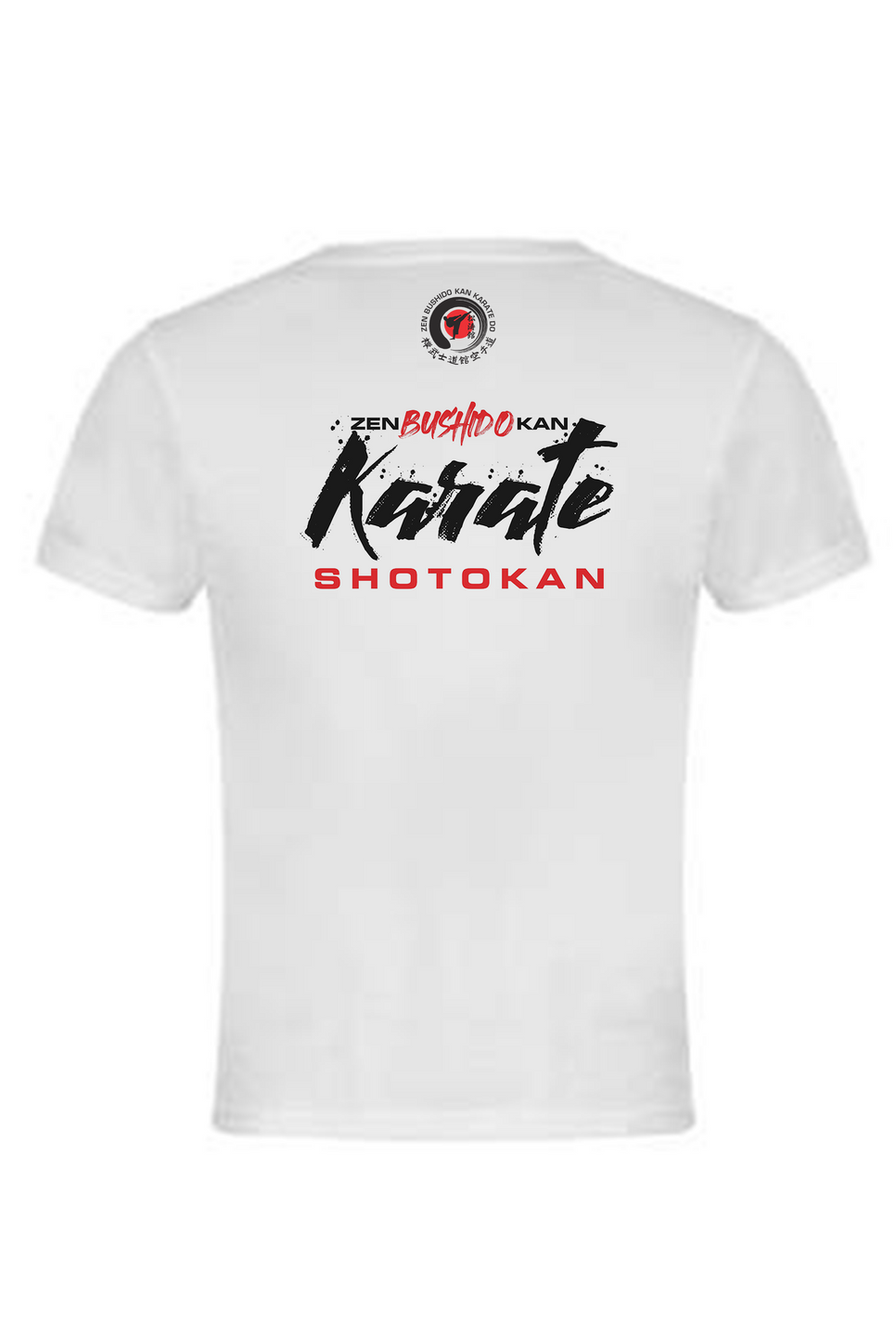 A white t-shirt with a red and black logo on the front.