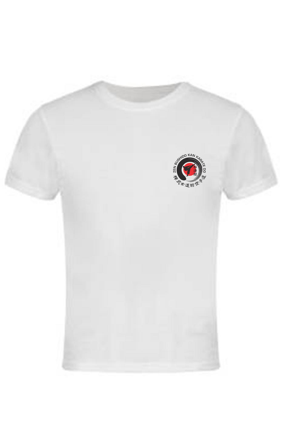 A white t-shirt with a red and black logo on the front.