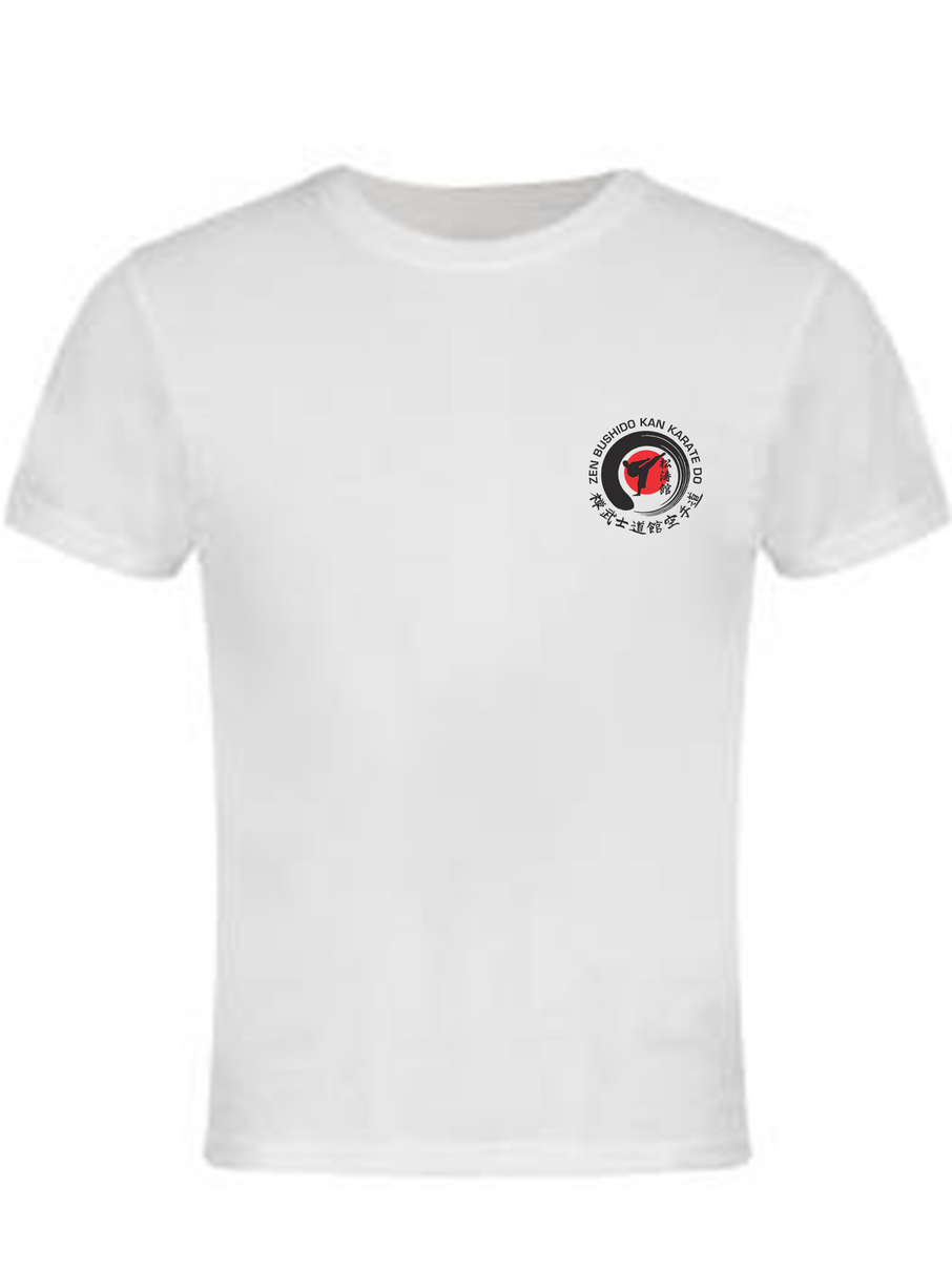 The front and back of a white karate t-shirt.