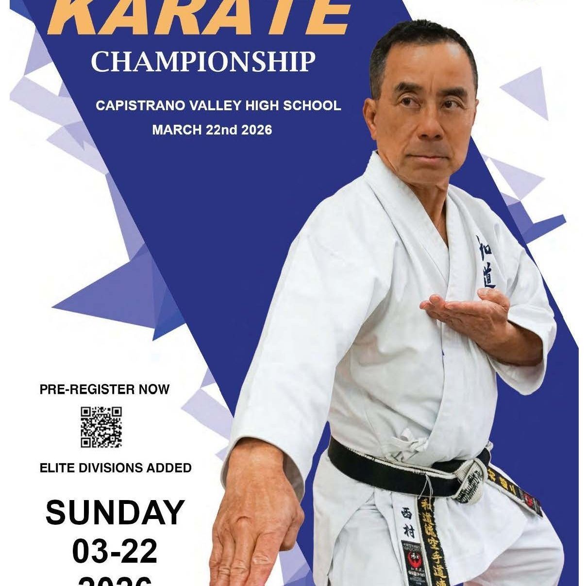 Karate Championship flyer, with a man in a karate uniform, and text including location and date.
