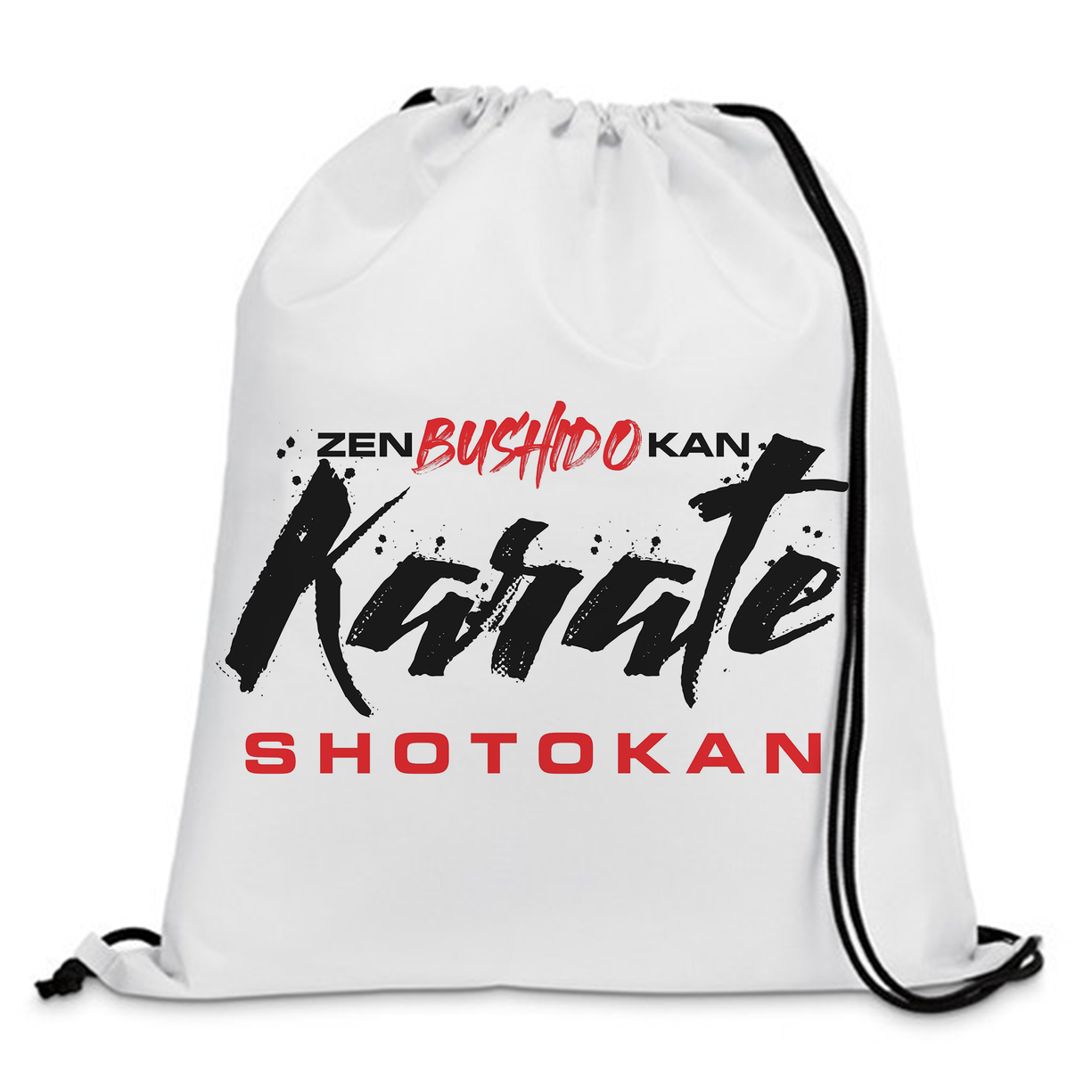 A white drawstring bag with karate shotokan written on it
