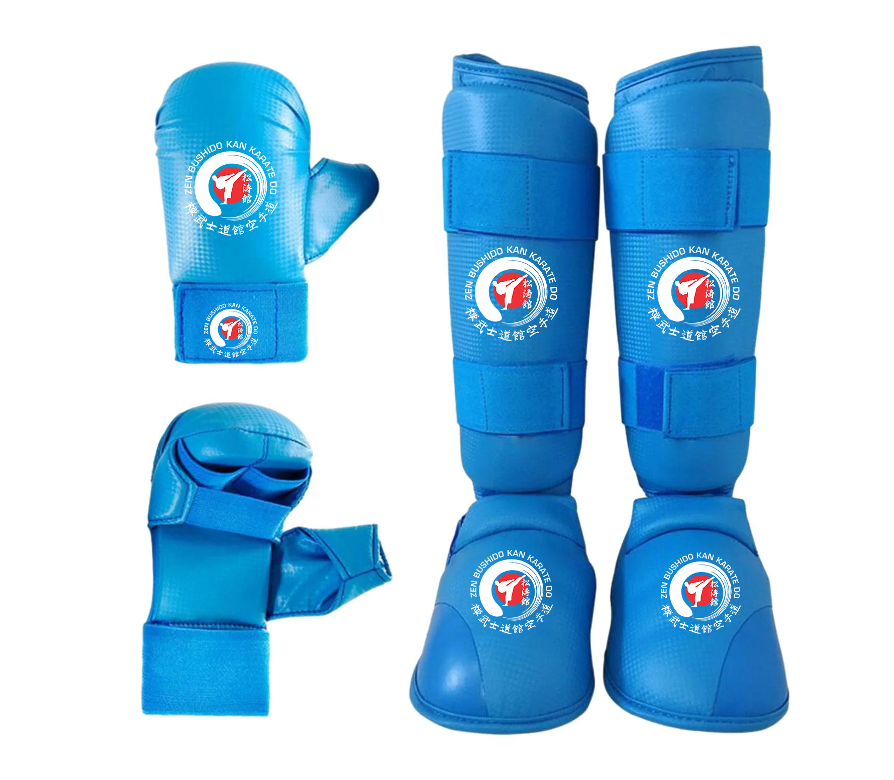 A pair of blue karate gloves and shin guards on a white background.