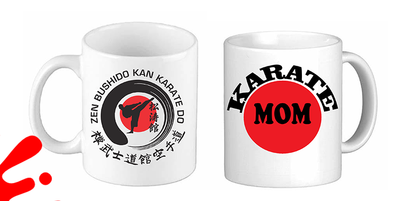 Two coffee mugs with karate mom written on them