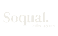 A white logo for Soqual Creative Agency on a transparent background.
