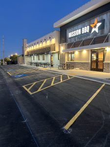 A large building with a lot of parking spaces in front of it.