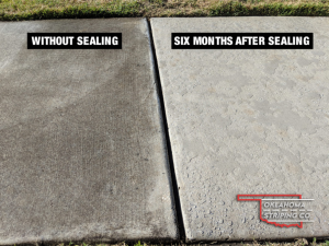 A picture of a sidewalk before and after sealing