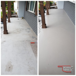 A before and after photo of a concrete porch