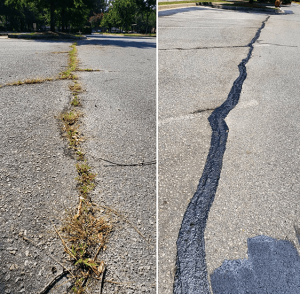 A before and after photo of a cracked road