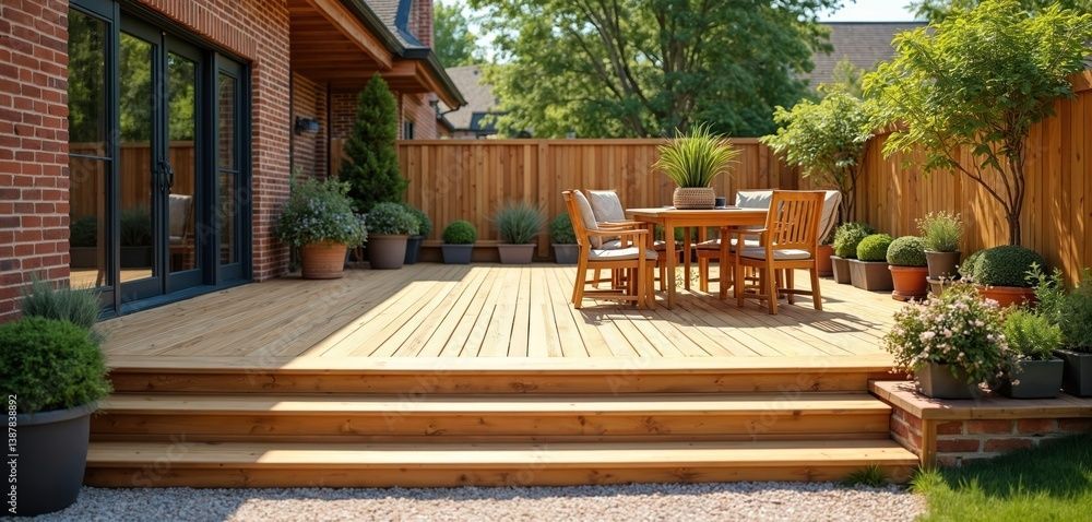 Terrasse en bois avec table à manger et plantes en pot, bordée de briques et d'une clôture en bois.