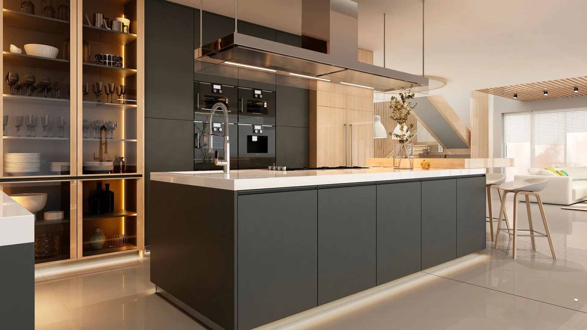 Modern kitchen with gray cabinets, white countertops, and wood accents.