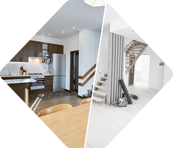 Rénovation de cuisine avant et après : nouvelle cuisine avec armoires brunes, vieil escalier.