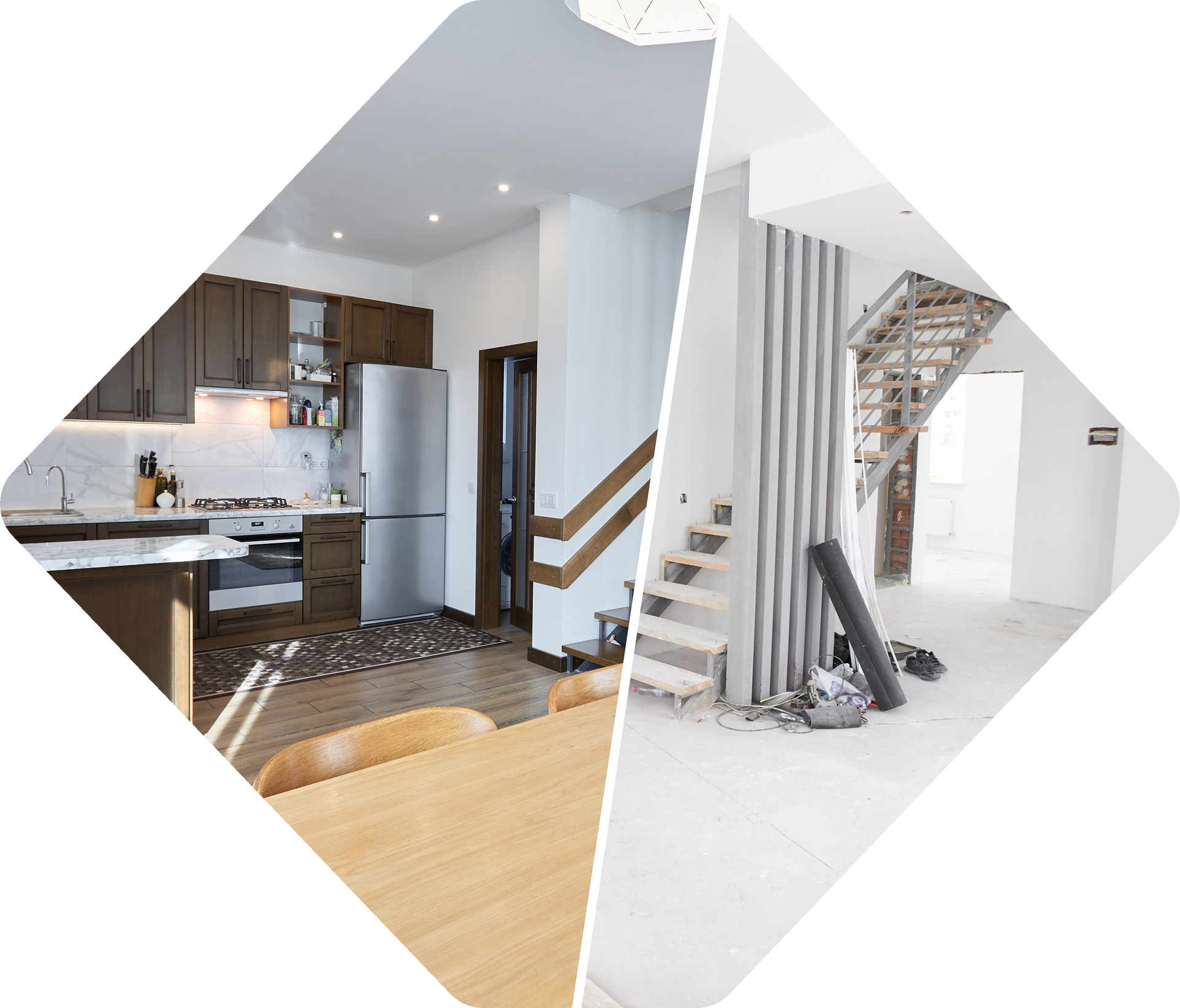 Rénovation de cuisine avant et après : nouvelle cuisine avec armoires brunes, vieil escalier.