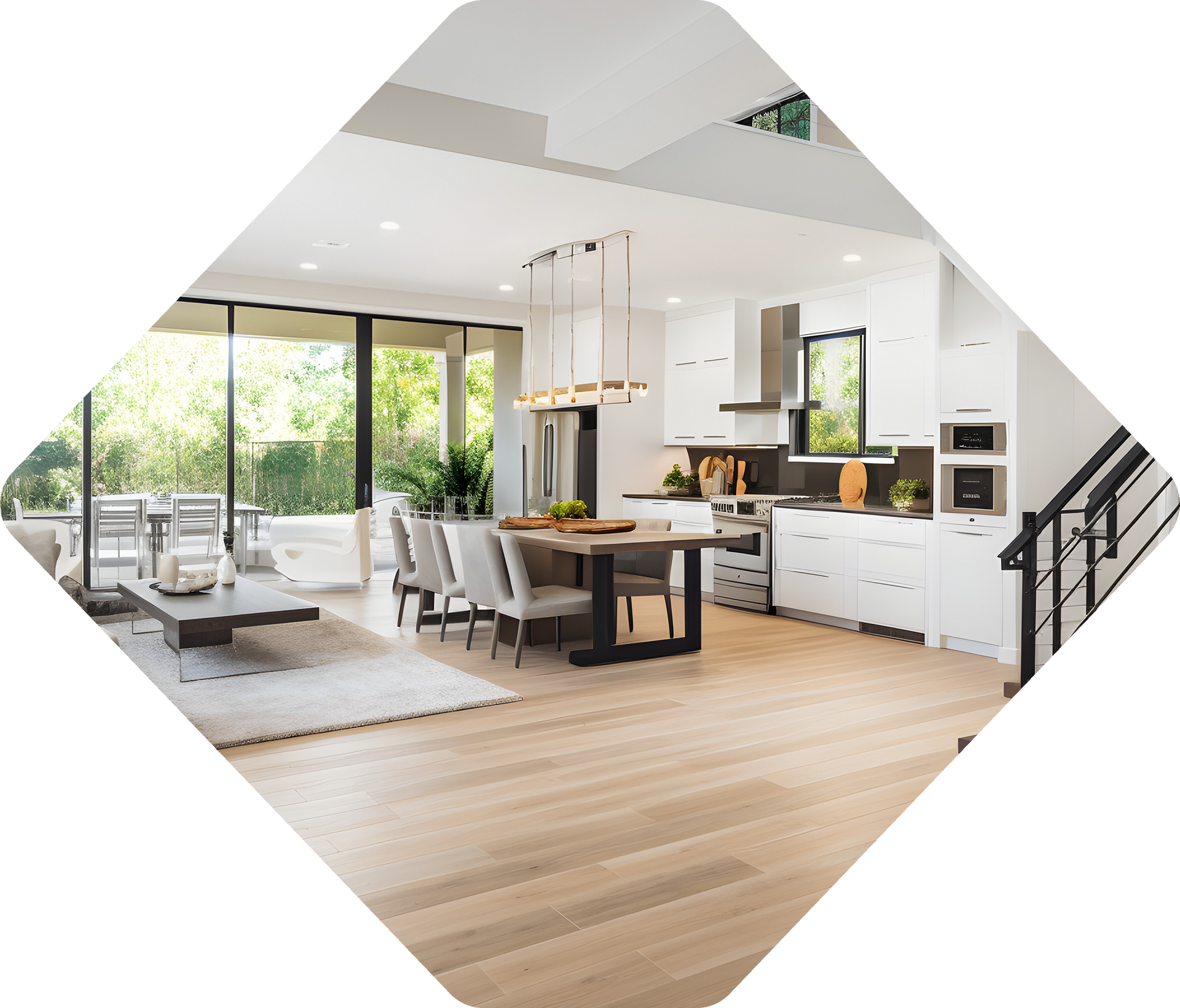Modern open-concept kitchen and dining area with hardwood floors, white cabinets, and large windows.