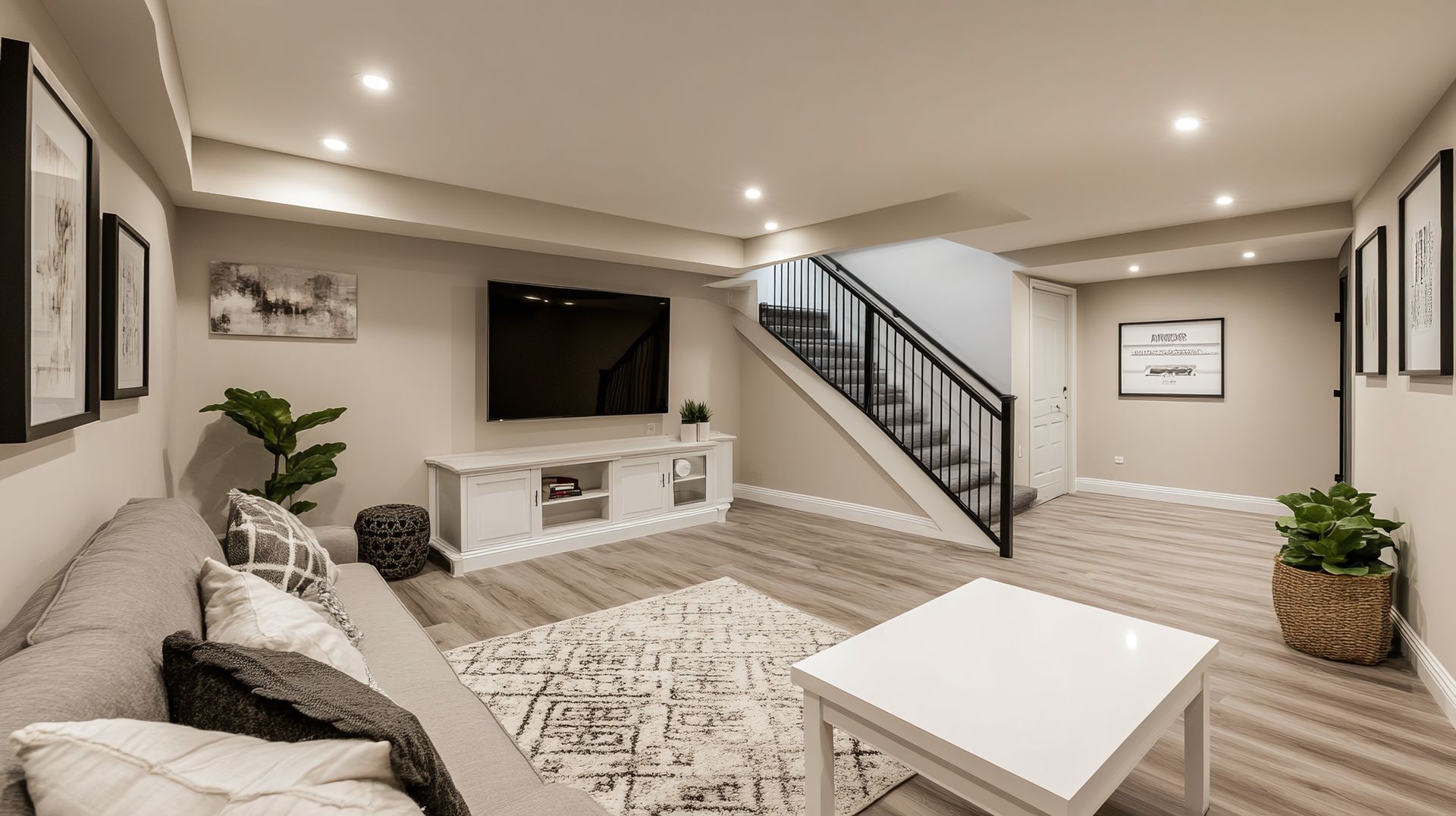 Salon au sous-sol avec canapé gris, télévision, escalier et décoration moderne.