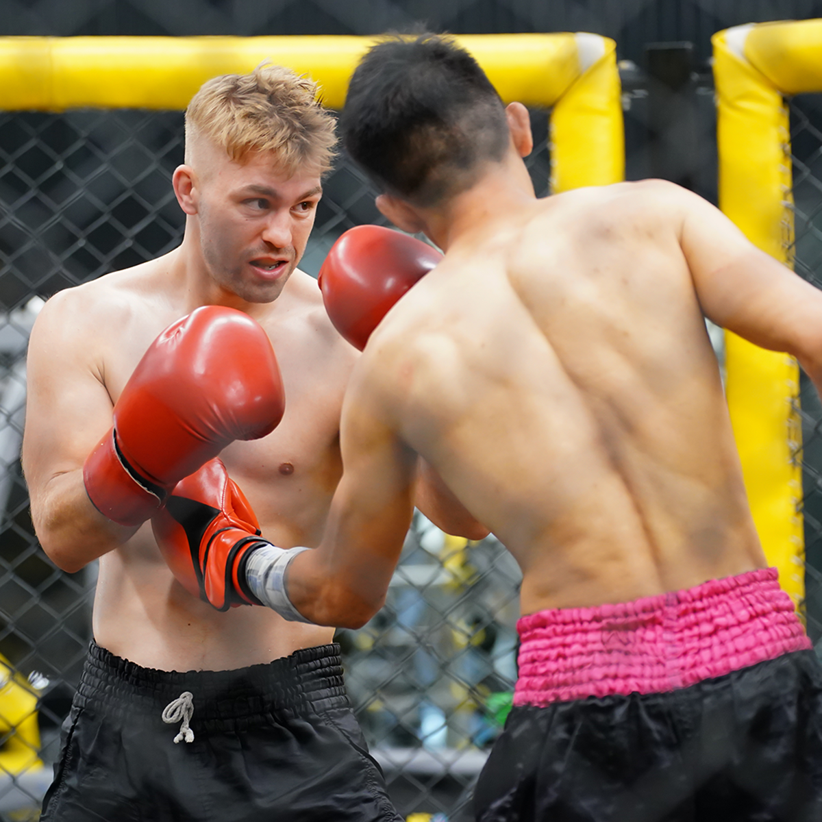 Two men wearing red boxing gloves are fighting in a ring