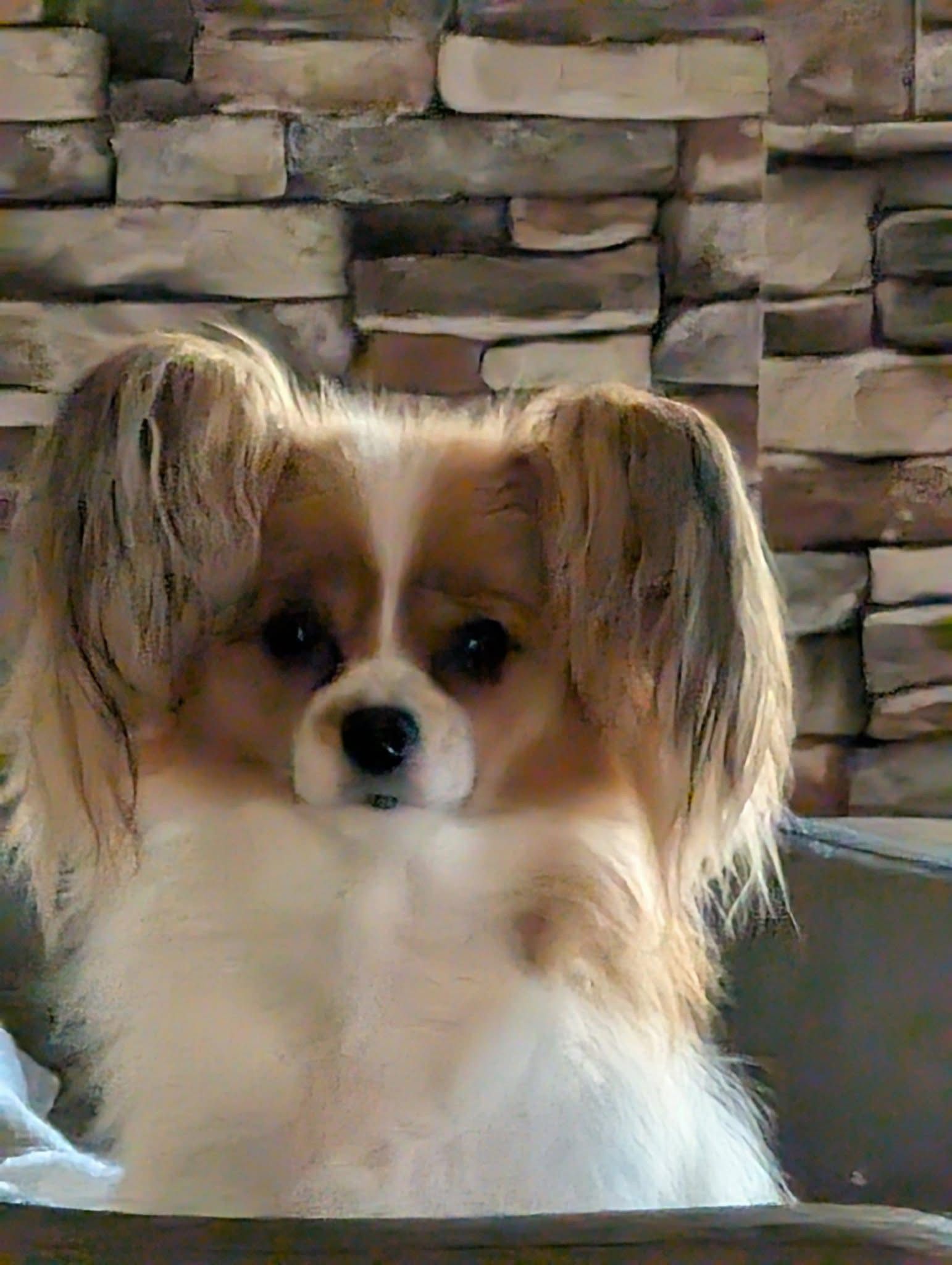Papillon dog with tan and white fur, seated, looking at the camera.