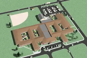 An aerial view of a large building with a lot of windows