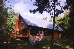 A wooden house with a metal roof is surrounded by trees