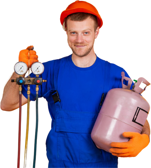 A man in a hard hat is holding a cylinder of gas