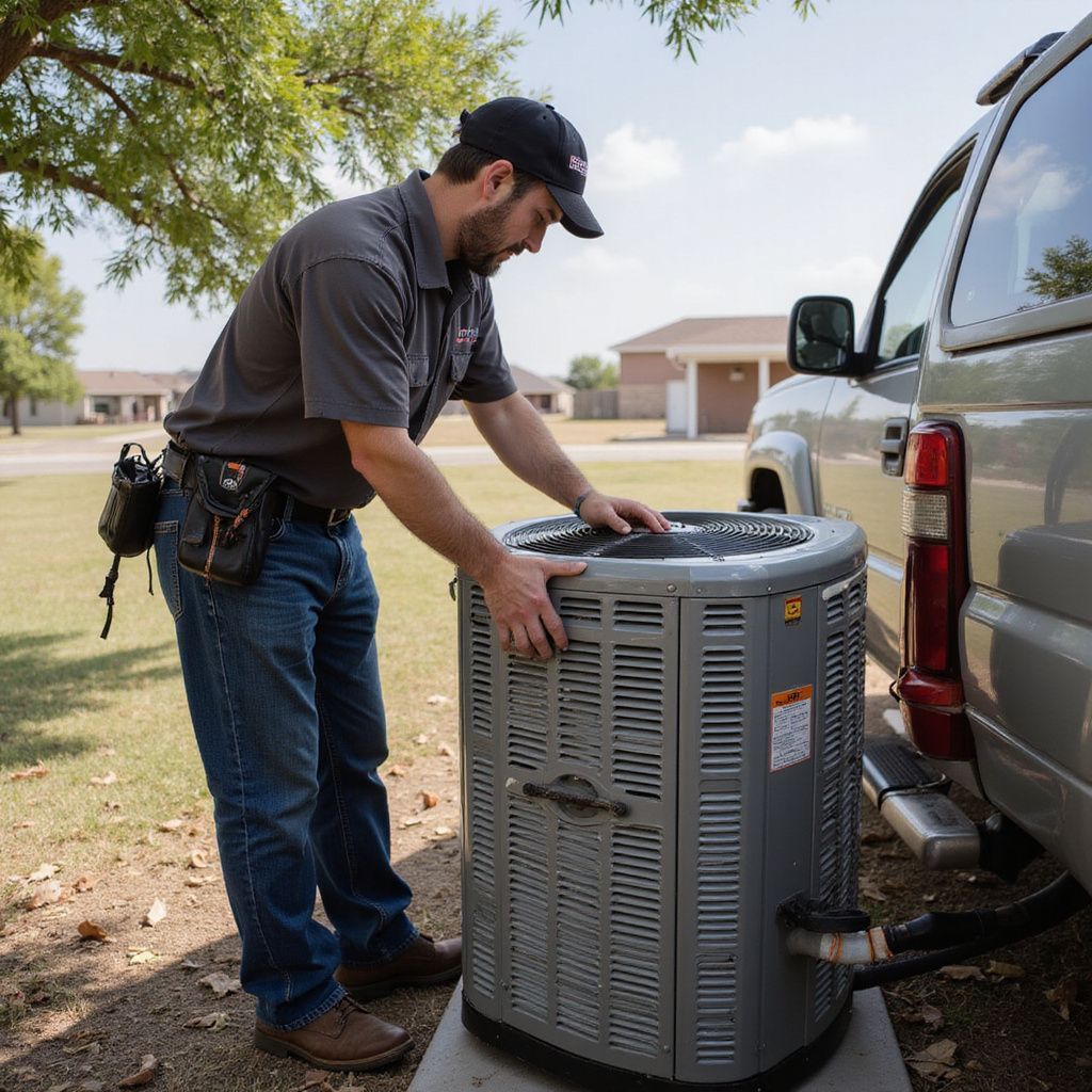 HVAC technician near a truck with an air conditioning unit. He is wearing a cap, shirt, and jeans in a suburban setting.