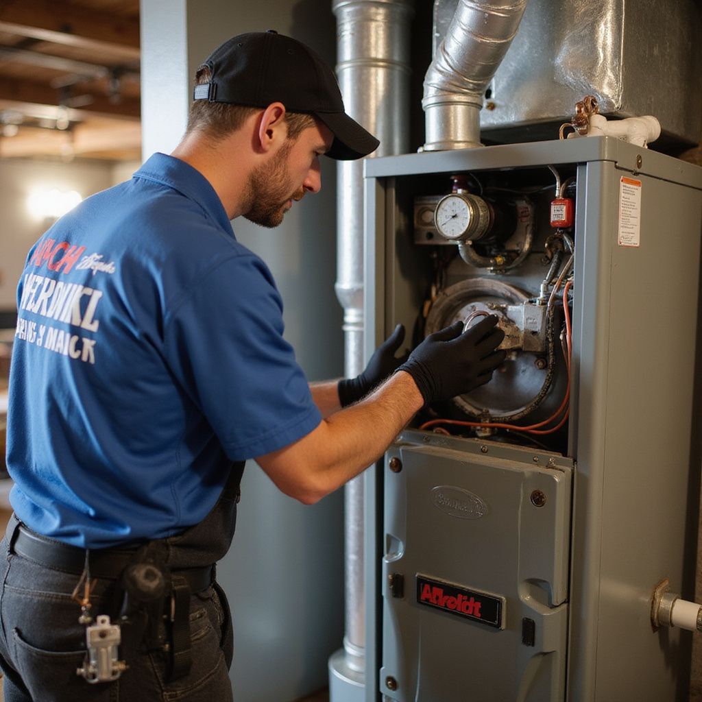 HVAC technician in blue shirt and cap inspecting a furnace.