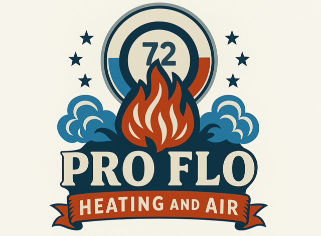 Logo for Pro Flo Heating and Air featuring a flame, temperature gauge, and company name.