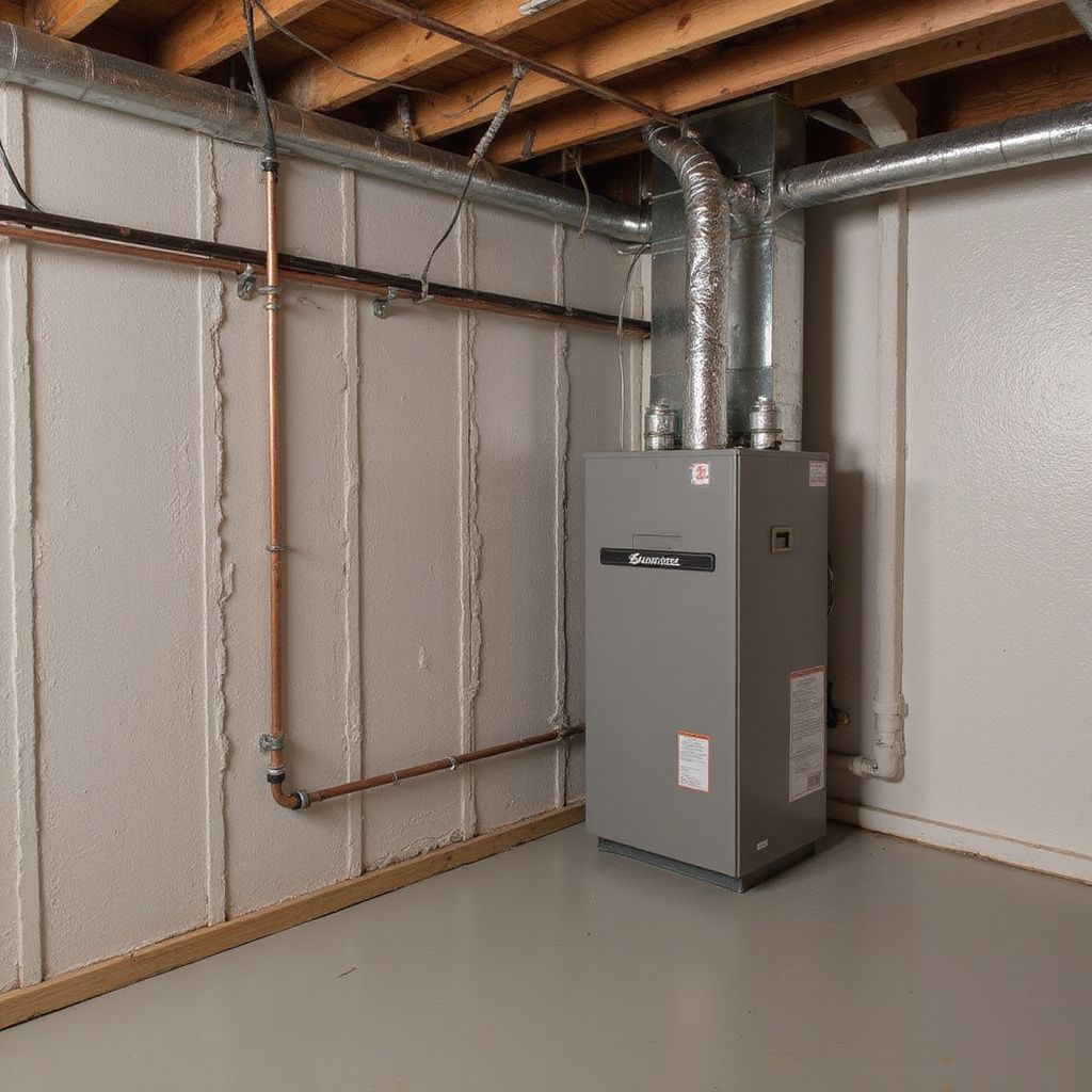 Furnace in a basement, with ductwork and pipes against a white wall. Gray floor.