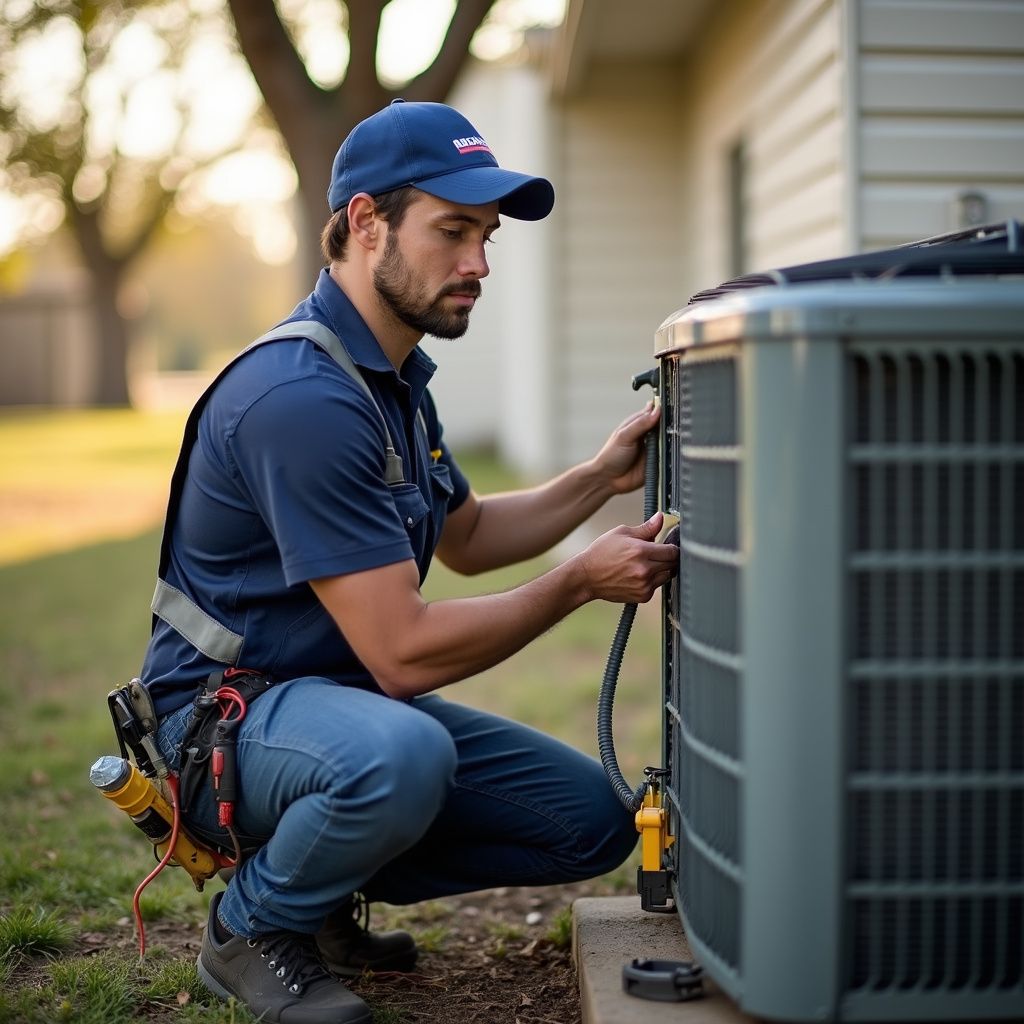 HVAC technician inspecting an outdoor air conditioning unit. Outdoors, wearing a blue uniform, cap, and holding tools.