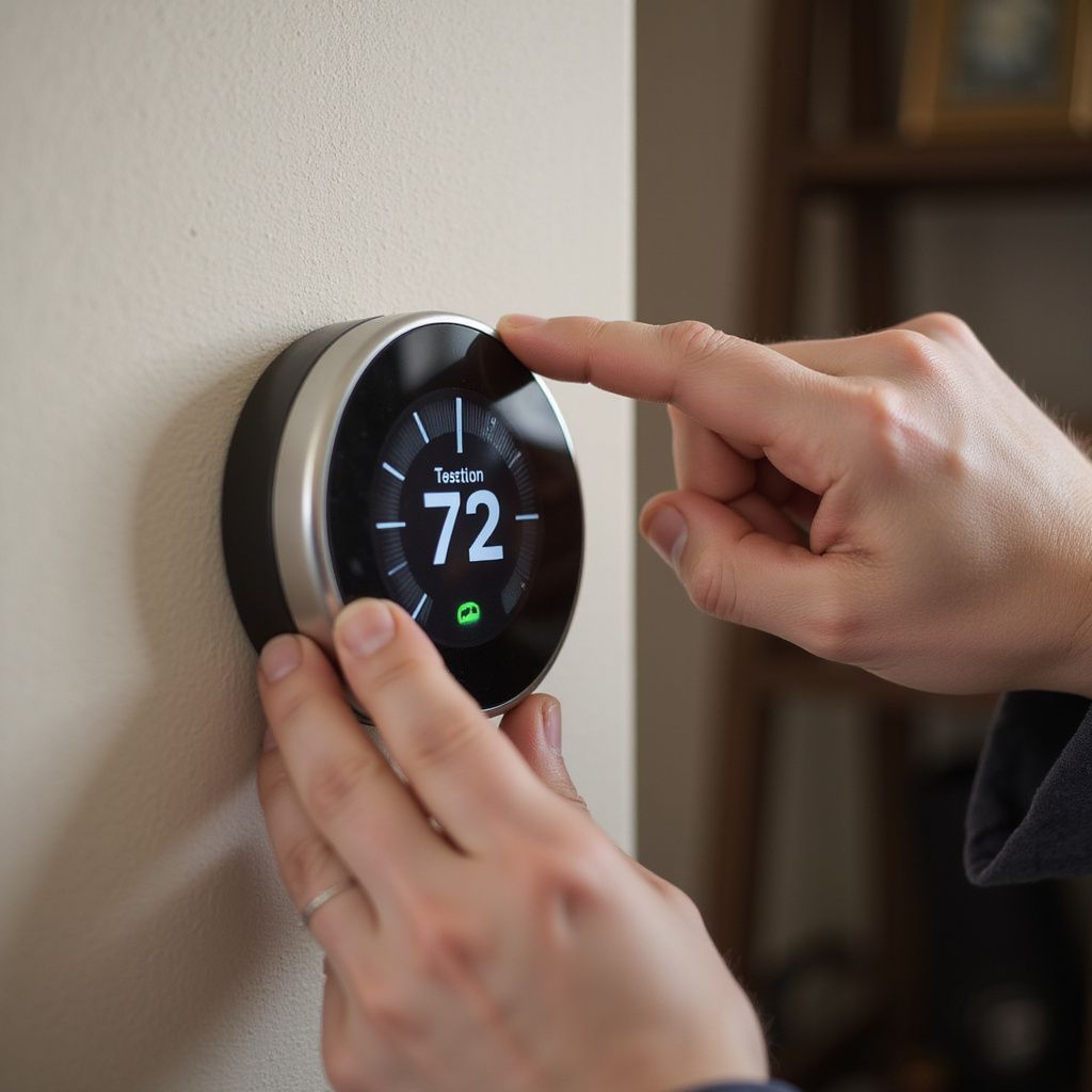 Person adjusting a circular smart thermostat displaying 72 degrees on a beige wall.